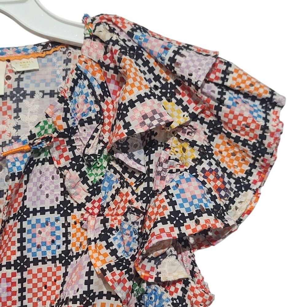 Maeve Anthropologie Eyelet Patchwork Blouse Multi XS GUC Tie Waist Ruffles - Picture 3 of 6